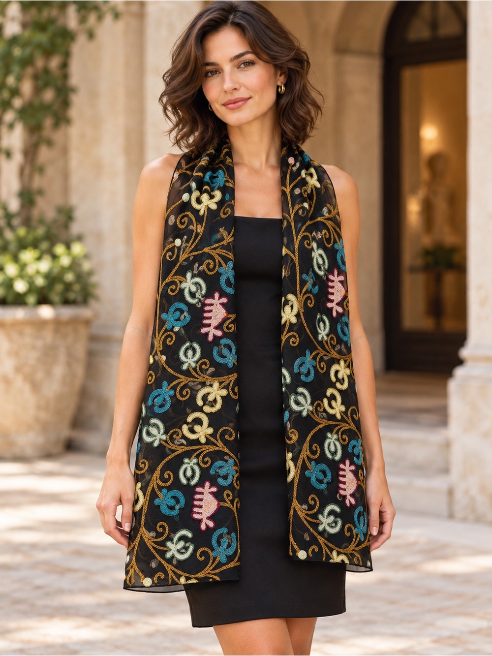 Embroidered Silk Scarf Black Floral Sheer Evening Shawl Wrap Bindya OS *